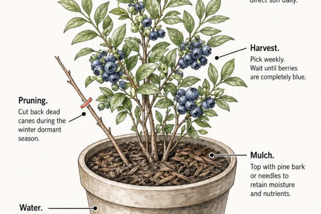 Diagram showing care instructions for an indoor blueberry bush including sunlight, watering, pruning, and harvesting