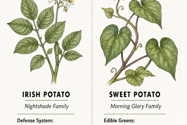 Comparison illustration of Irish potato leaves and sweet potato leaves, highlighting their different botanical families and edibility.