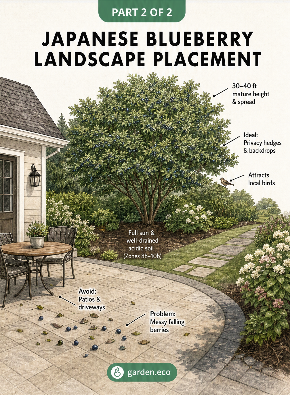 Isometric garden layout showing a Japanese blueberry tree planted as a privacy hedge away from patios and driveways to avoid messy falling berries.