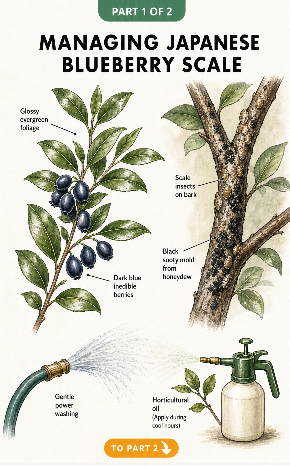Botanical illustration showing a healthy Japanese blueberry branch next to a branch infested with scale insects and black sooty mold, with treatment options.