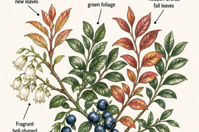 Botanical illustration showing the seasonal color changes of a Japanese blueberry branch, from copper new leaves to deep blue berries and reddish-bronze fall...
