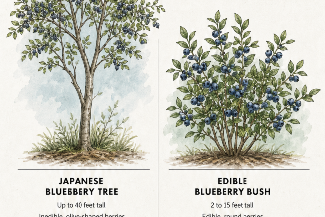 Illustration comparing a tall Japanese blueberry tree with inedible berries to a compact edible blueberry bush.