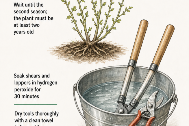 Diagram illustrating specific pruning cuts for a jostaberry bush, showing where to trim old and new growth.