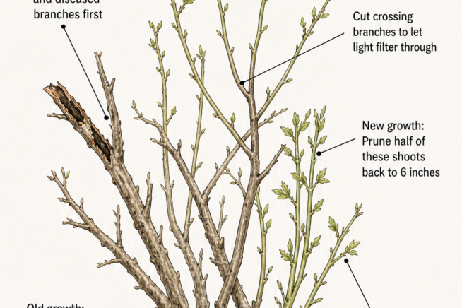 Illustration showing how to prepare tools for pruning jostaberries, including soaking shears in hydrogen peroxide.