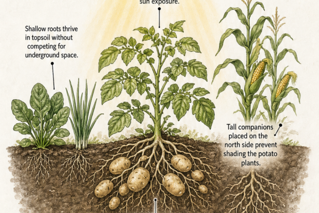 Cross-section illustration of a garden bed showing a potato plant layered with shallow-rooted spinach and tall sweet corn to maximize space and sunlight.