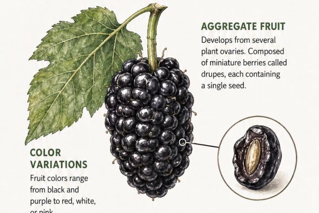 Detailed botanical illustration showing the anatomy of a mulberry fruit, highlighting its aggregate structure and nutritional profile.