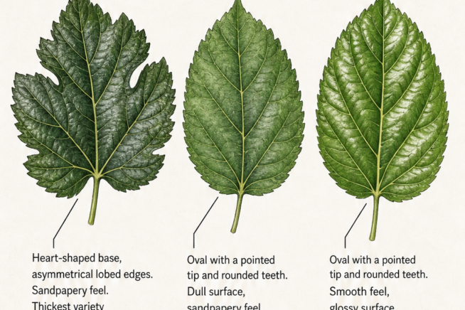 Botanical illustration comparing black, red, white, and paper mulberry leaves with text labels detailing shape and texture differences.