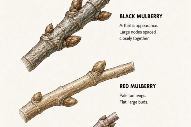 Illustration of black, red, and white mulberry twigs and buds in early spring, highlighting bark color and bud shape differences.