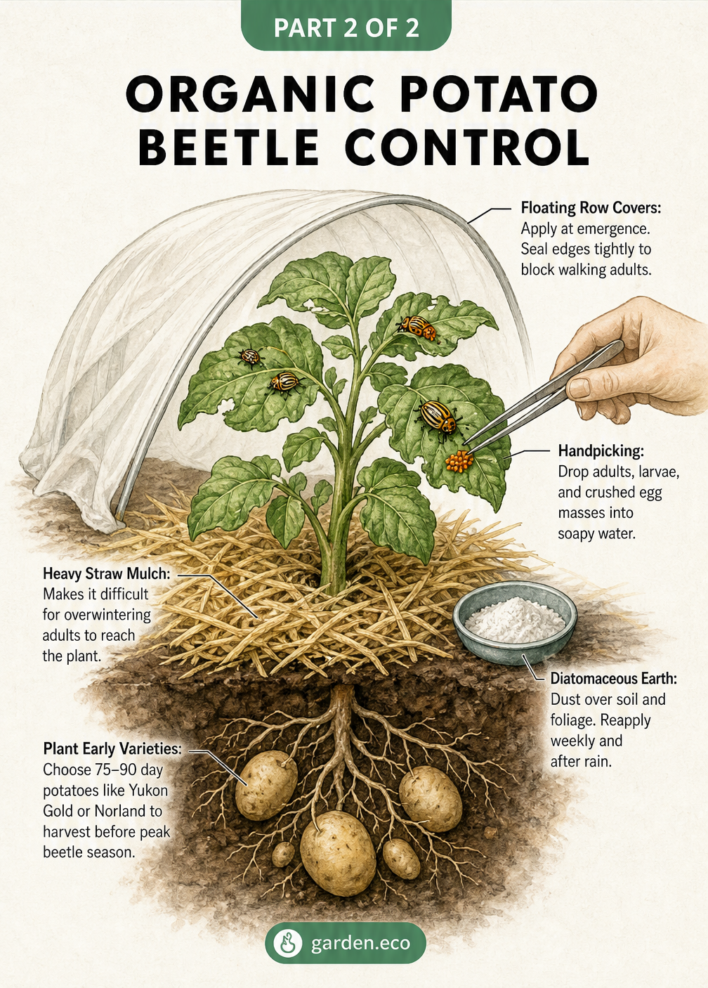 Illustrated cross-section of a potato plant showing organic beetle control methods like early planting, straw mulch, diatomaceous earth, row covers, and...