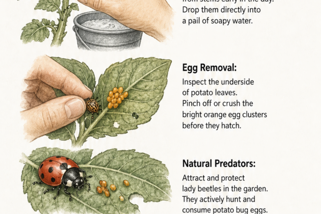 Hand-drawn illustrations demonstrating organic control methods for potato bug larvae, including hand-picking, egg removal, natural predators, and timing...