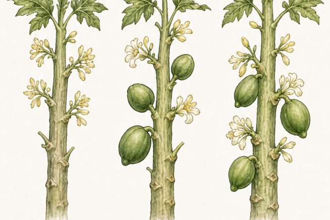 Botanical illustrations showing the differences between male, female, and hermaphrodite papaya plants.