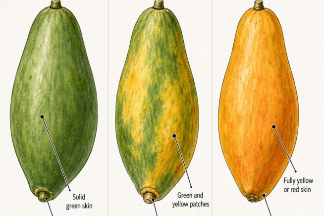 Illustration showing three stages of papaya ripeness from solid green and hard to fully yellow and soft.