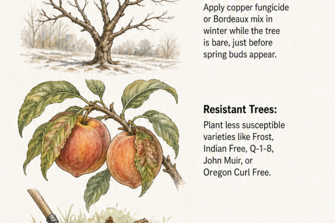 Three illustrations showing dormant spraying, resistant peach varieties, and orchard cleanup