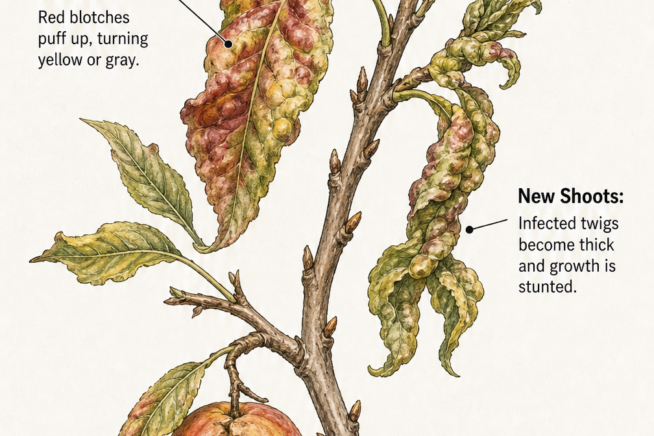 Botanical illustration showing peach leaf curl symptoms on leaves, shoots, and fruit