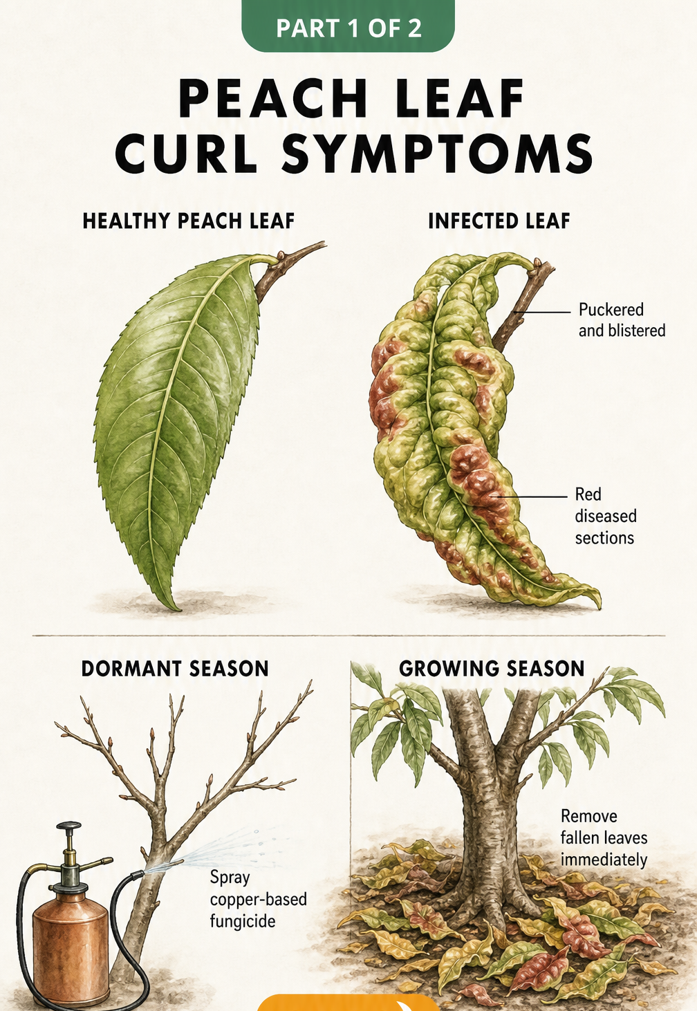 Botanical illustration comparing a healthy peach leaf to one infected with peach leaf curl, showing puckered, blistered, and red diseased sections, alongside...