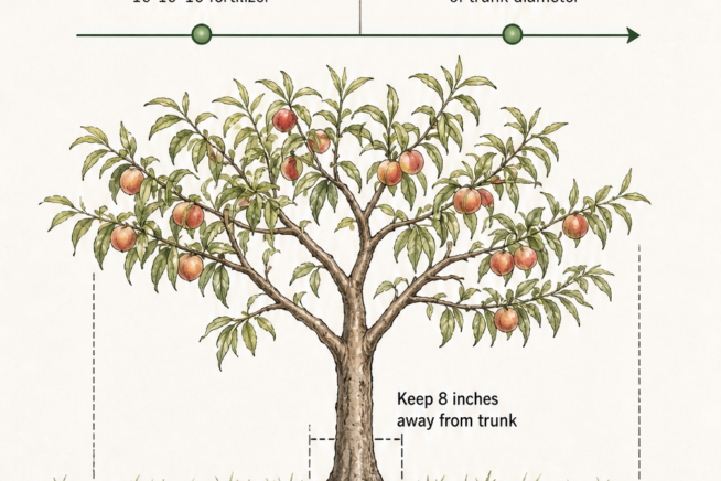 Botanical illustration showing a peach tree fertilizing schedule with a timeline for new and mature trees, and a cross-section of the tree base indicating...