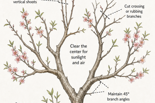 Diagram of a peach tree showing pruning cuts, including clearing the center, removing vertical shoots, crossing branches, and root suckers.