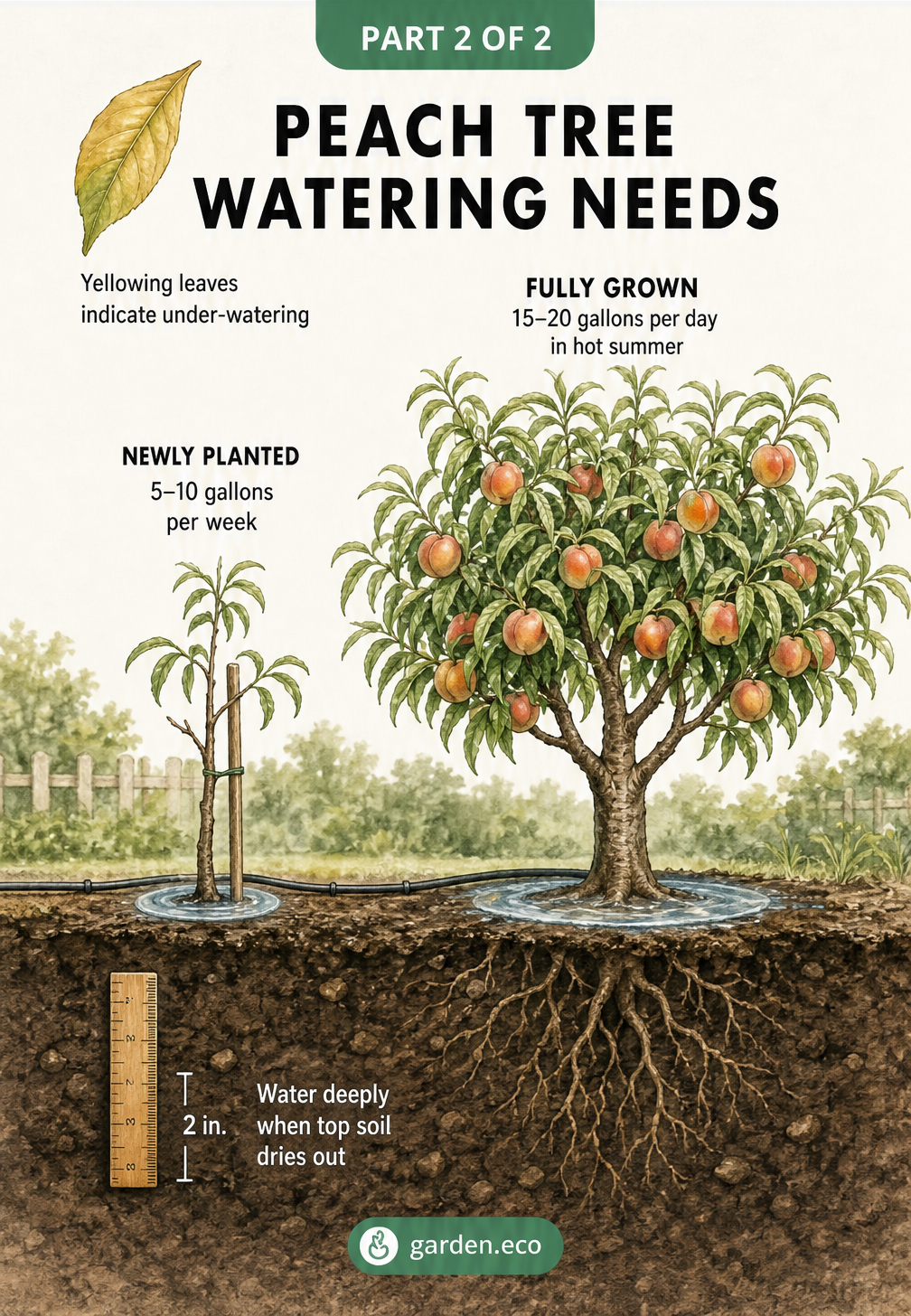 Illustration showing peach tree watering needs, comparing a newly planted seedling requiring 5 to 10 gallons per week to a fully grown tree needing 15 to 20...