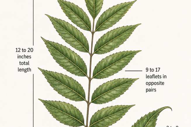 Botanical illustration of a pecan leaf showing its anatomy, including 9 to 17 leaflets, terminal leaflet, and toothed edges.
