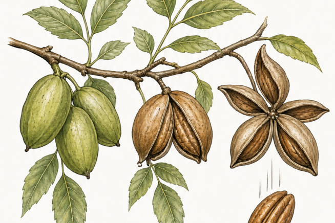 Botanical illustration showing the three stages of pecan ripening from green husks to split brown husks dropping the nut