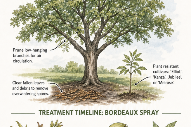 Illustration showing preventive care for pecan trees including pruning, clearing debris, planting resistant cultivars, and a timeline for spraying Bordeaux...