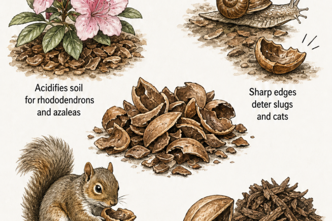 Illustration of pecan shell mulch properties, showing it acidifies soil for azaleas, deters slugs with sharp edges, decomposes slowly, and may attract...