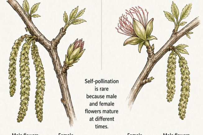 Botanical illustration showing the bloom sequence of Type I and Type II pecan trees with male and female flowers maturing at different times.