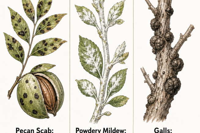 Botanical illustration showing three main fungal diseases of pecan trees: pecan scab on husks and leaves, powdery mildew on stems and buds, and galls on...