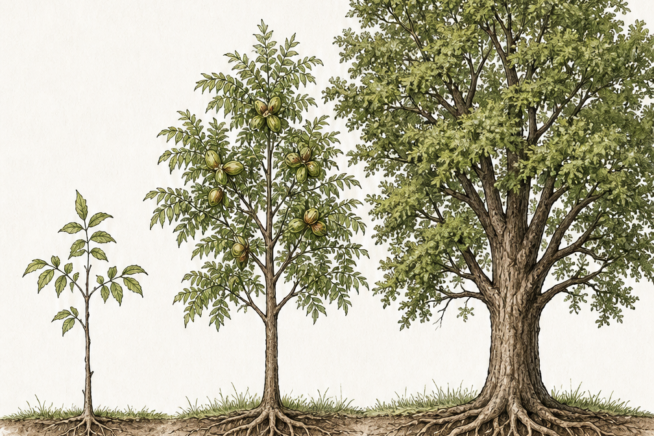 Illustration showing the three growth stages of a pecan tree from seedling to full maturity