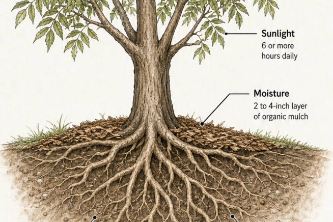Botanical cross-section drawing detailing the nutrient, water, and sunlight needs of a pecan tree