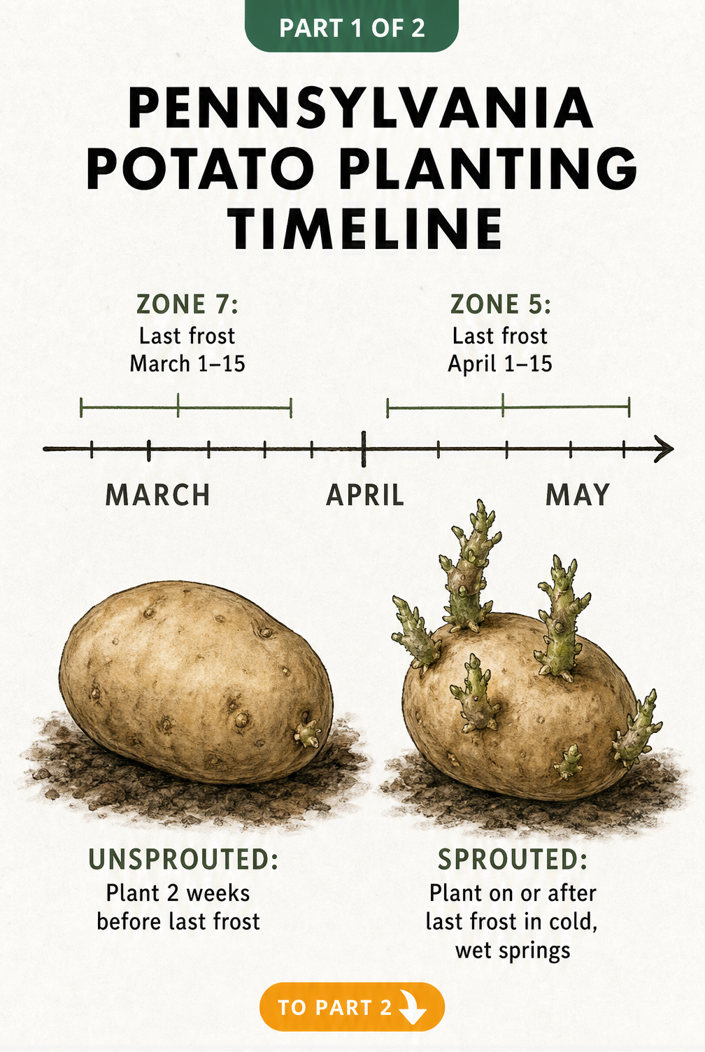 A timeline showing when to plant potatoes in Pennsylvania based on USDA zones 5 and 7, with illustrations of sprouted and unsprouted seed potatoes.