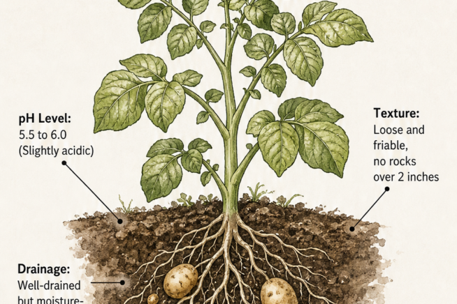 Cross-section illustration of a healthy potato plant showing ideal soil conditions including pH, texture, drainage, composition, and nutrients.