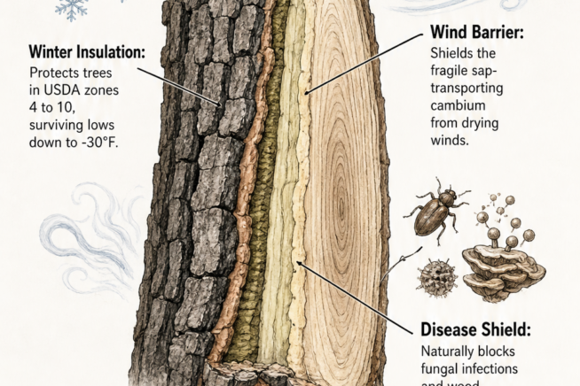 Cross-section diagram of a persimmon trunk showing the thick outer bark protecting the inner cambium from winter cold, wind, and pests.