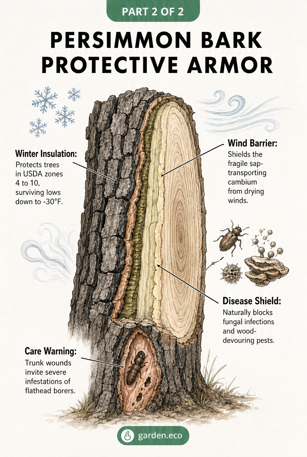 Cross-section diagram of a persimmon trunk showing the thick outer bark protecting the inner cambium from winter cold, wind, and pests.