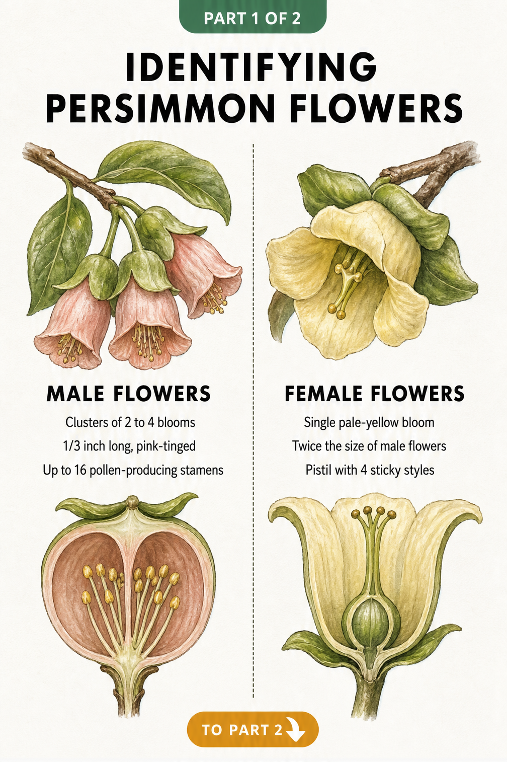 Botanical illustration comparing male and female persimmon flowers, showing size differences and internal structures.