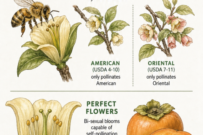 Diagram explaining persimmon flower pollination, showing cross-pollination by bees and self-pollinating perfect flowers.