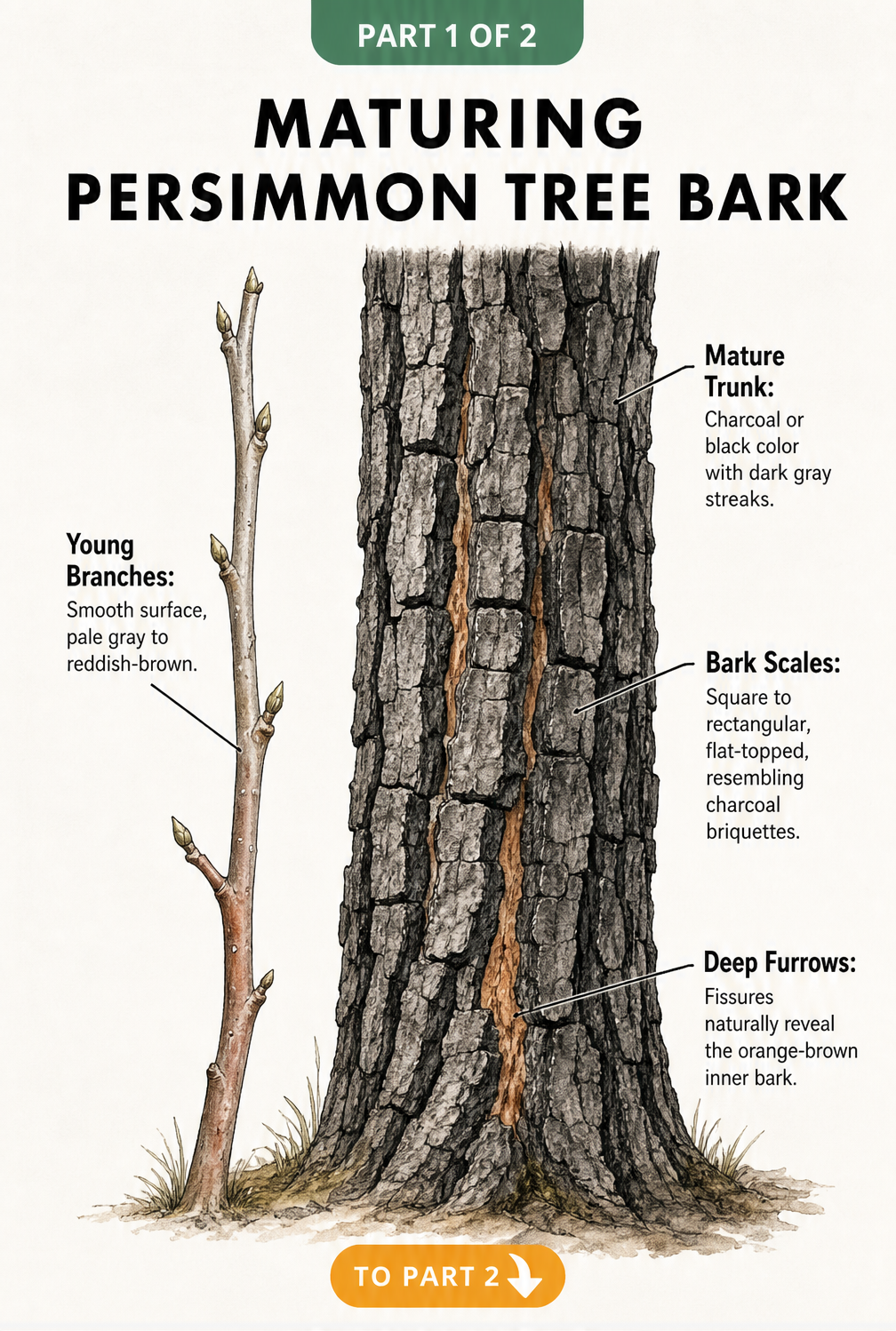 Botanical illustration comparing smooth young persimmon branches with the deeply furrowed, blocky charcoal-like bark of a mature trunk.