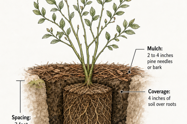 Botanical cross-section illustration of a newly planted blueberry bush showing root ball, soil mix, mulch layer, and spacing requirements.