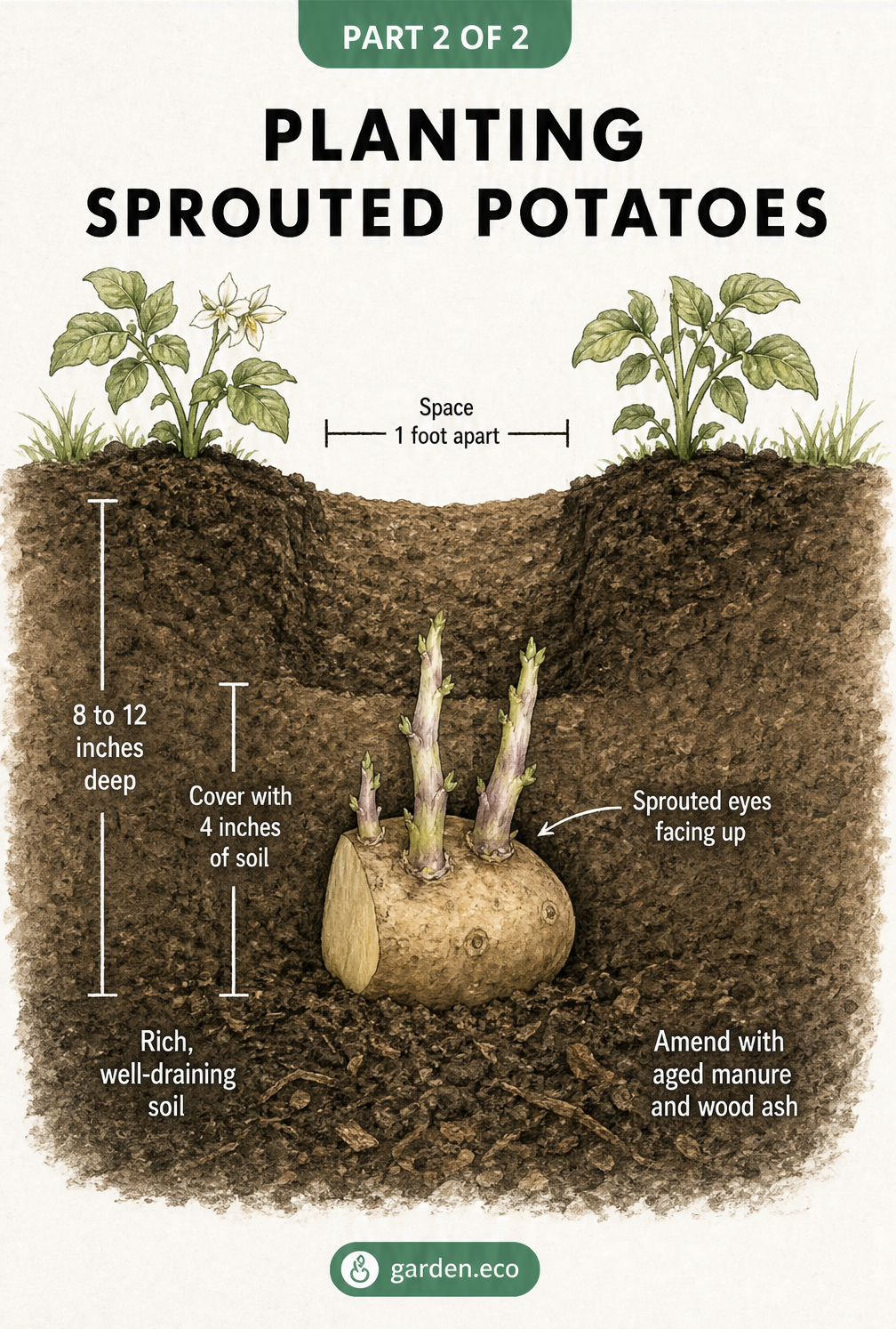 Cross-section illustration of a sprouted potato chunk planted in a trench with rich soil