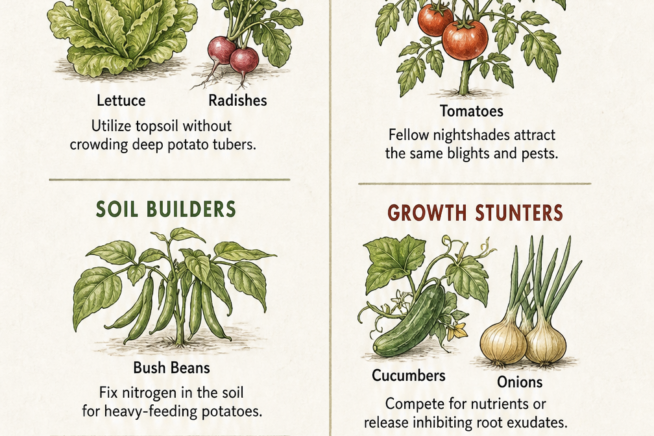 Botanical illustration showing good and bad companion plants for potatoes, including shallow roots, soil builders, pest repellents, and plants that share...