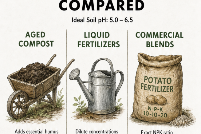 Comparison chart of potato fertilizer options including aged compost, liquid fertilizers, and commercial blends.
