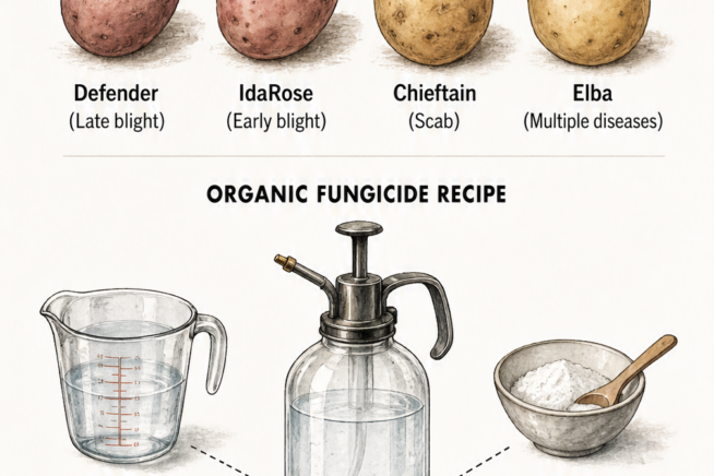 Illustration of potato varieties resistant to fungal diseases and a recipe for an organic baking soda fungicide spray.