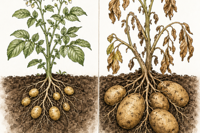 Illustration showing the difference between harvesting new potatoes early and main crop potatoes later.