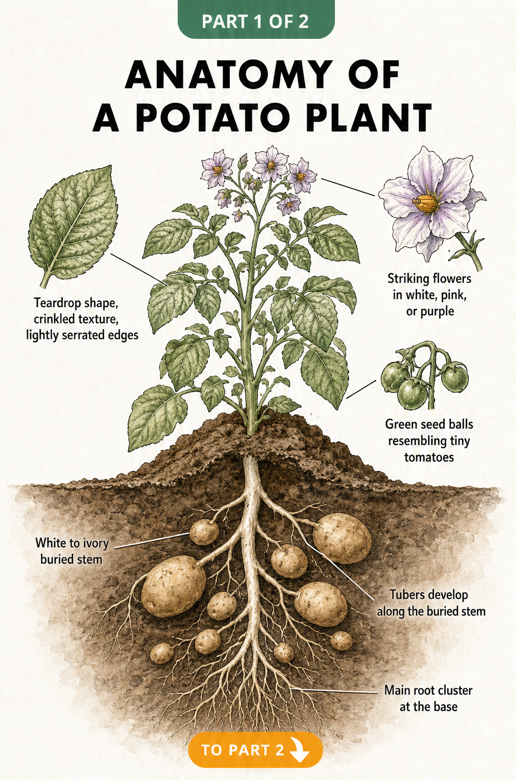 Botanical illustration showing the above and below ground anatomy of a potato plant, including leaves, flowers, seed balls, roots, and tubers.