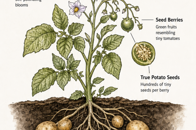 Botanical illustration showing potato flowers and seed berries above ground, and seed potatoes growing underground.