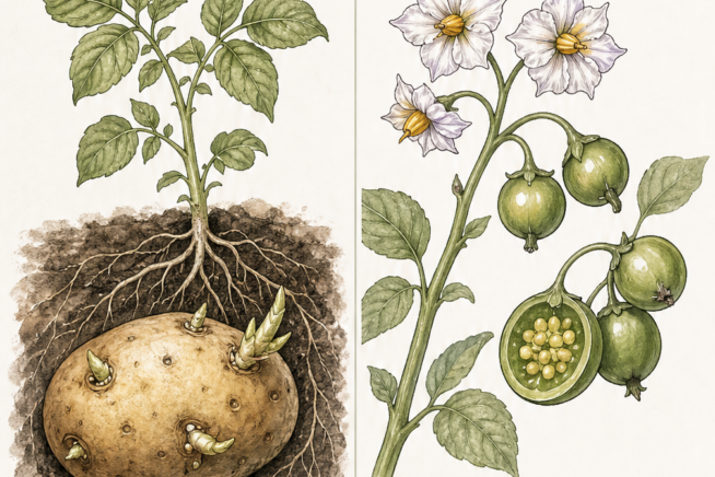 Botanical illustration comparing potato tubers and true potato seeds, showing underground vegetative reproduction versus above-ground sexual reproduction.