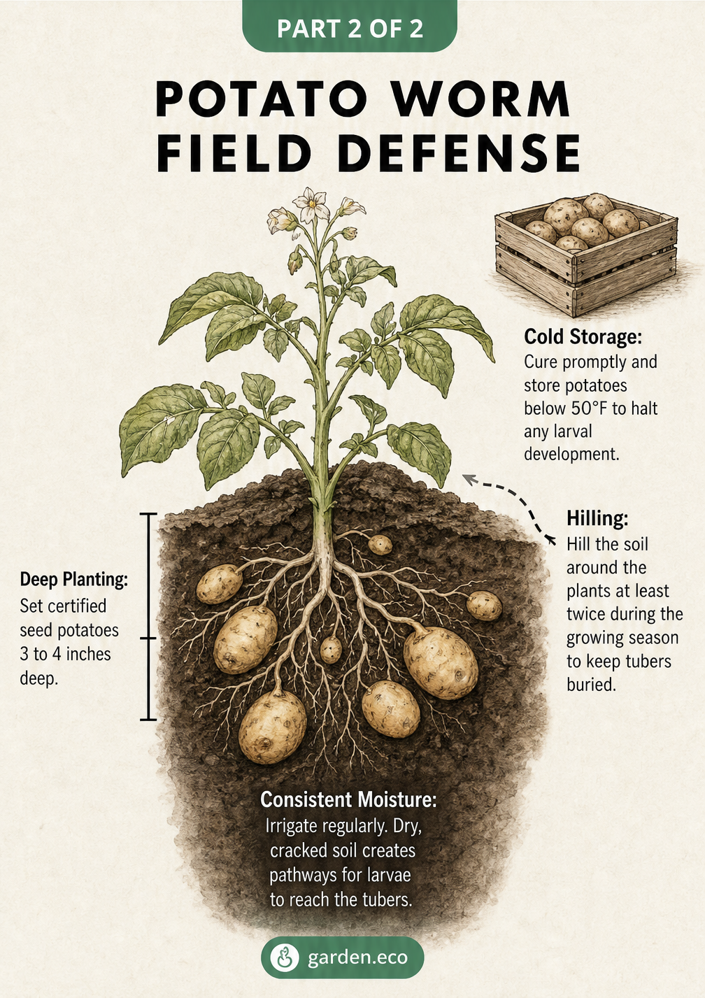 Cross-section illustration of a potato bed showing deep planting, hilling, and consistent moisture to defend against potato worms