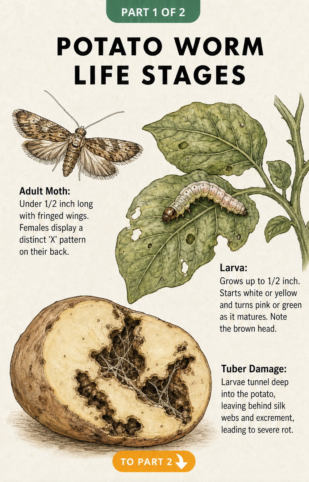 Vintage botanical illustration showing potato worm life stages including the adult moth, larva, and tuber damage