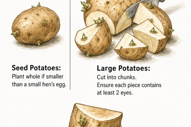 Illustration showing how to prepare seed potatoes and cut large potatoes into chunks with at least two eyes, plus a callused potato piece.