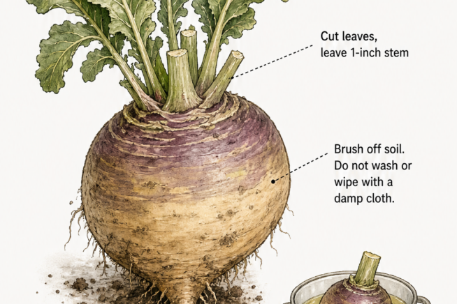 Botanical illustration showing how to prepare a rutabaga for storage by cutting leaves, brushing off soil, and trimming the taproot